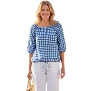 Talbots 100% Linen Cobalt Blue White Geometric Button Front Tie Hem Top L
Z